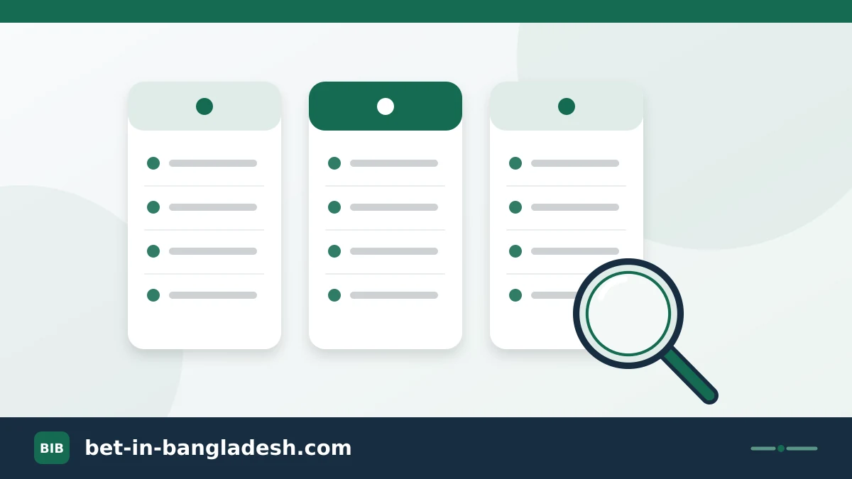 Three comparison columns and a magnifying glass