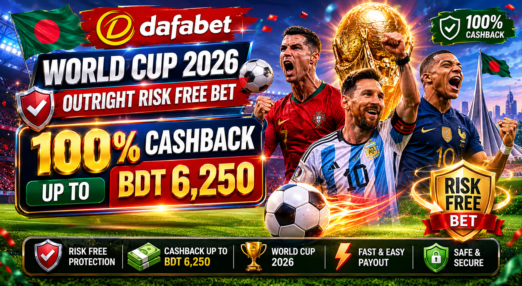 Dafabet World Cup 2026 Outright Risk Free Bet 100% Cashback up to BDT 6,250 বাংলাদেশ